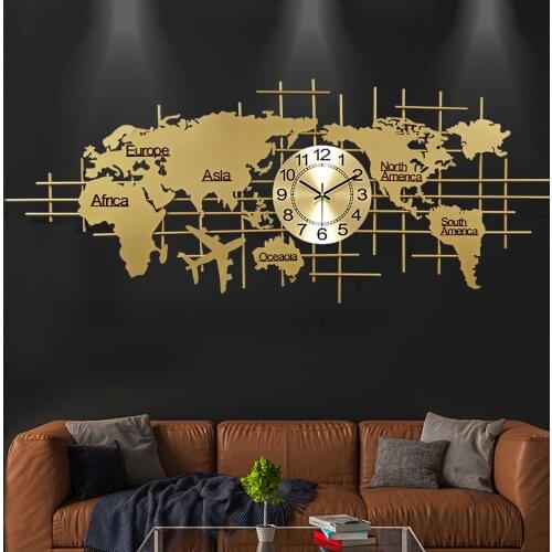 World Map Gold Wall Clock Metal Fashion Creative Large Wall Clock Modern Design Bedroom Reloj De Pared Home Decoration EB5WC
