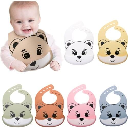 2021 New Baby Bibs Adjustable Waterproof Food Grade Silicone Bib Infant Cartoon Bear Feeding Tableware Kids Children Bib Apron