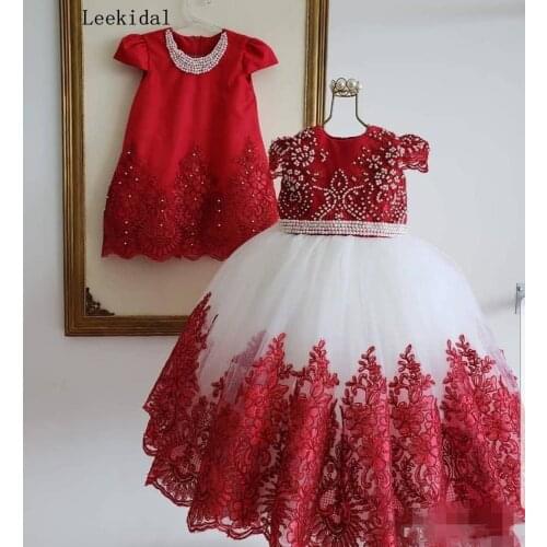 Red White Flower Girls' Dresses Beaded Pearls Short Cap Sleeves Lace Applique Jewel Neck Kids Princess Birthday Party Ball Gown