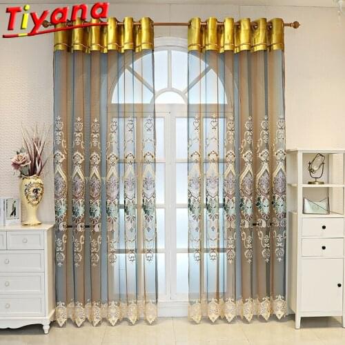 Luxury Blue Coffee Gradient Embroidery Tulle Curtains for Living Room Noble Elegant Window Drapes Bedroom Balcony HM684#VT