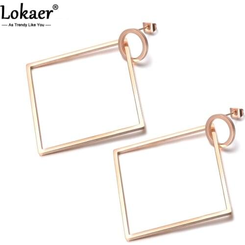 Lokaer Hiphop/Rock Square Circle Exaggerated Earrings Rose Gold Stainless Steel Geometry Bohemia Earrings For Women Girls E18075