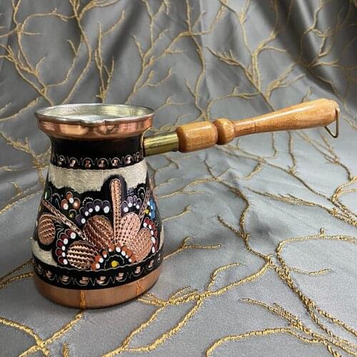470ml/15.9oz Turk Turkish Coffee Pot Coffee Turk Turkish Copper Coffee Maker for Turk Cezve Cafeteria Wooden Handle Cevze