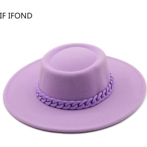 Candy Colors Chain Wide Brim Bowler Fedoras Hat British Style Ladies Elegant Jazz Caps Panama Trilby Formal Party Cap