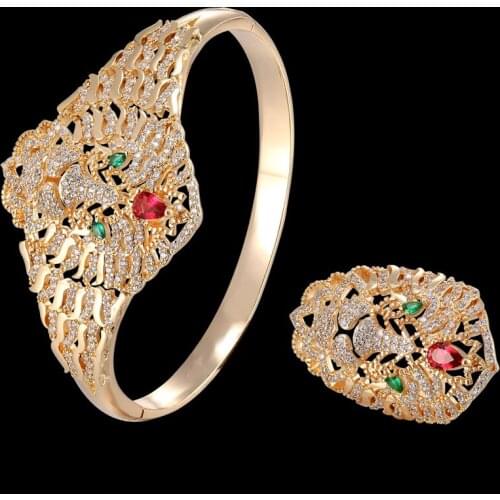 Zlxgirl jewelry Women size Red Cubic zircon nose lion animal copper bangle with ring jewelry sets womens punk indian bangle set