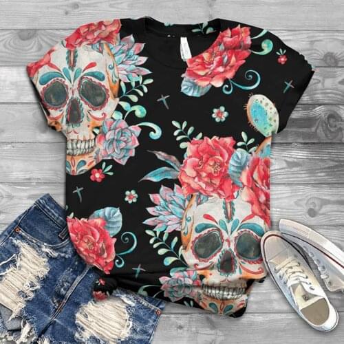 Fashion T-Shirts Casual Plus Size 3d Skull Printed Ladies T Shirt Female O-Neck Short Sleeve Top T-Shirt For Gothic Clothes