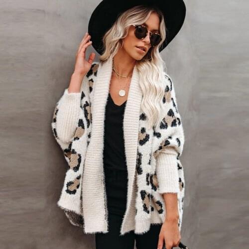 2021 Mohair Oversize Knitted Cardigan Sweaters for Women Vintage Leopard Autumn Winter Coat Boho Outwear Casual Jacket Jumper