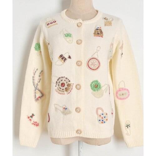 Geometric Pearl Knit Sweater Women Single-Breasted O-Neck Outwear Keep Warm Cardigan Ladies Streetwear Knitted Tops Sueter Mujer