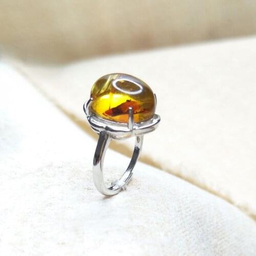 925 Silver Rings for Women Fine Jewelry Natural Amber Ring Adjustable Size Wedding Engagement Gift