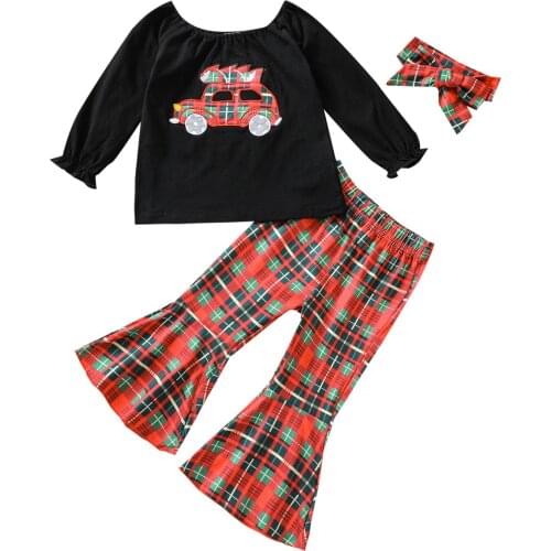 2021 0-4Y Xmas Kids Baby Girl Clothing Car Print Long Sleeve T-shirt Top+Plaid Flare Pants+Headband Costume Outfits 3pcs