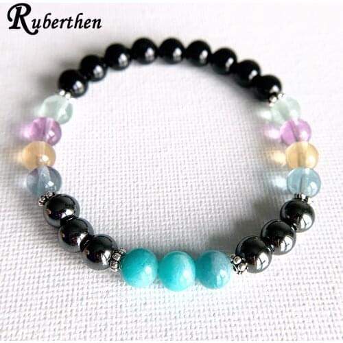 Ruberthen A Grade 6 mm Black Tourmaline Bracelet Natural Girls Energy Bracelet Fluorite Aqua marine Mala Beads Bracelet