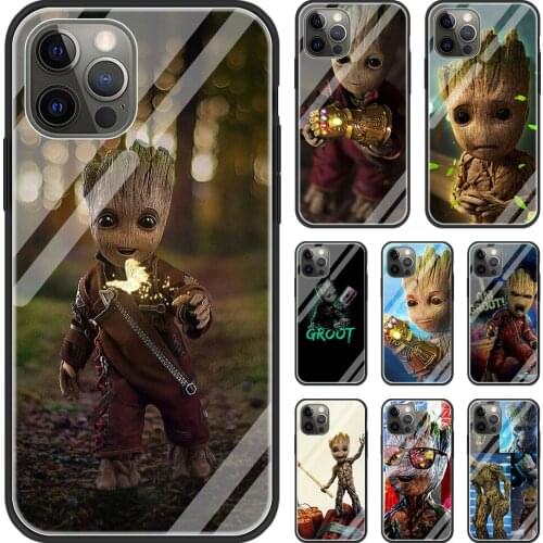Cute groot Tempered Glass Phone Case for iPhone 11 12 Pro XR X 7 8 XS Max 6 6S Plus SE 2020 Cover Shell Coque Capa