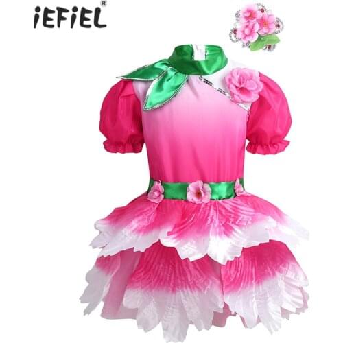 Kids Girls Short Puff Sleeves 3D Flower Shorty Unitard Mini Mesh Tutu Dress Modern Dance Dress Salsa Ballroom Costume Dancewear