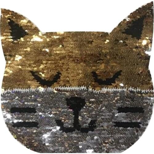 Reversible change color sequins Fabric Animal Patches for clothing 20cm Cat head flip the double sided T-shirt Girl Patch