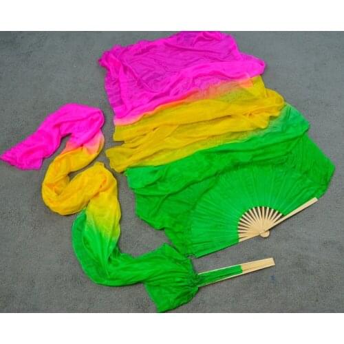 Hits 2016 High selling handmade women Quality Silk Belly Dance Fan Dance 100% Real Silk Veils 1 Pair green yellow rose 180*90 cm