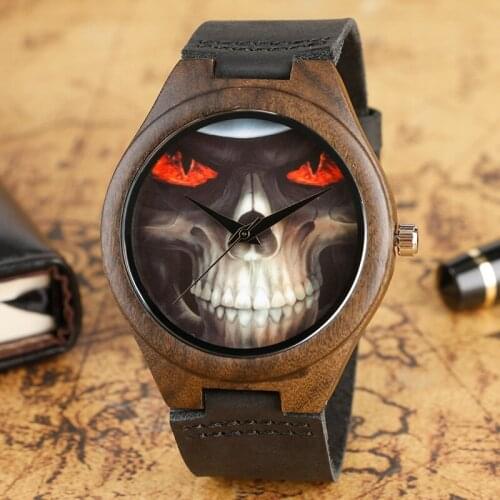 Fashion Black Wood Watch Red Eyes Skull Quartz-watch Creative Novel Natural Wooden Bamboo Wristwatches For Men Women New Arrival