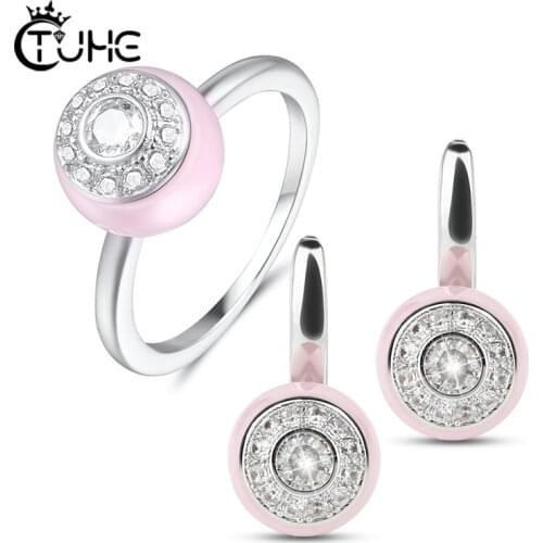 New Fshion Brand Design Women Ceramic Jewelry Sets Love Pink Black White Color Healthy Ceramic Rings Stud Earrings CZ Jewelry