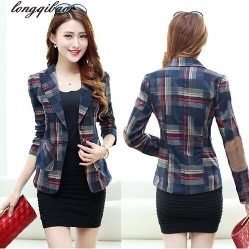 New Korean autumn and a buckle small suit jacket female commuter classic British plaid long-sleeved TB7113