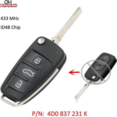 Upgraded Folding Remote Key 3 Button 433MHz with ID48 Chip for Audi TT A6 A8 P/N: 4D0837231K