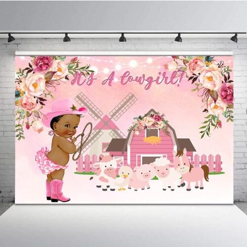 Pink Cowboy Girl Baby Shower Backdrop Farm Animal Birthday Photography Background Flower Windmill Dessert Table Banner Backdrops