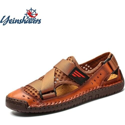 YEINSHAARS New Summer Men Breathable High Quality Leather Sandals Man Flats Fashion Casual Beach Mens Shoes Plus Size 39-48