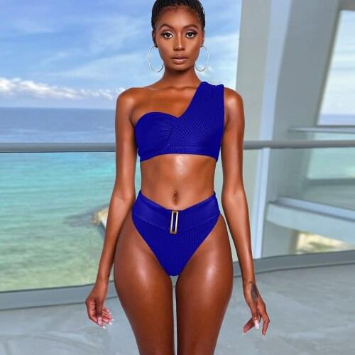 Sexy Bikini Swimsuit 2021 Women Solid Swimwear Push Up Bathing Suit Summer Beach Wear Swimming Suit One Shoulder Crop Top Short
