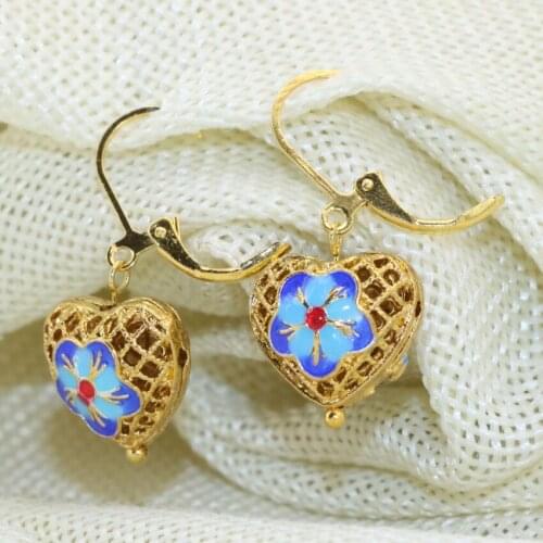 High grade 13*15mm heart shape dangle earrings for women gold-color hollow carved flower cloisonne drop fine diy jewelry B2645