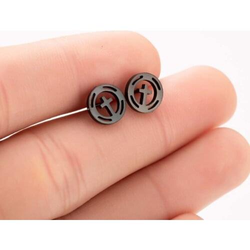 Stainless Steel Black Color Circle Cross Stud Earrings Christian Cross Tiny Jewelry for Women Friend Gift