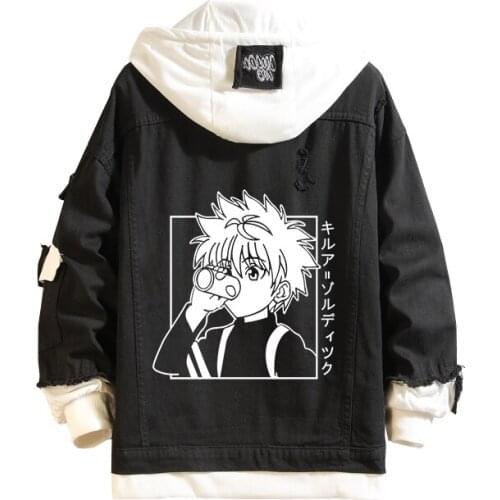 Spring Autumn Men Women Black Jeans Coat Anime HUNTER x HUNTER Denim Jacket Hooded Outerwear Cartoon Cosplay Costume Tops S-4XL