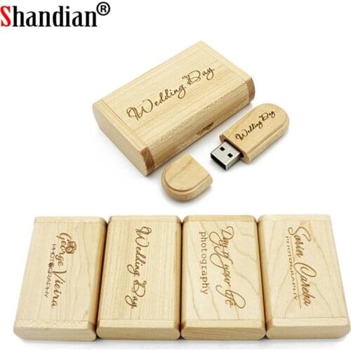 SHANDIAN Free personalized customization laser engraving wooden+Box pendrive 16GB 32GB 64GB USB Flash Drive photography gift