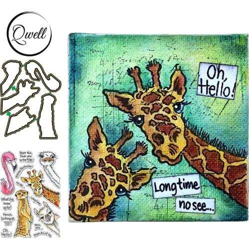 QWELL Animals Flamingo Alpaca Cutting Dies And Clear Stamps Sentences Phrase Happy Birthday DIY Scrapbooking Craft Paper Cards