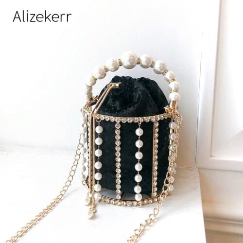 Pearls Metal Cage Evening Bag Women Handmade Hollow Out Rhinestone Dinner Clutch Beaded Bucket Bag Purses Bridal Wedding Party