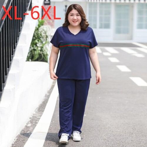 New summer plus size sports suits for women short sleeve loose blue T-shirt and long pants training suit sets 3XL 4XL 5XL 6XL