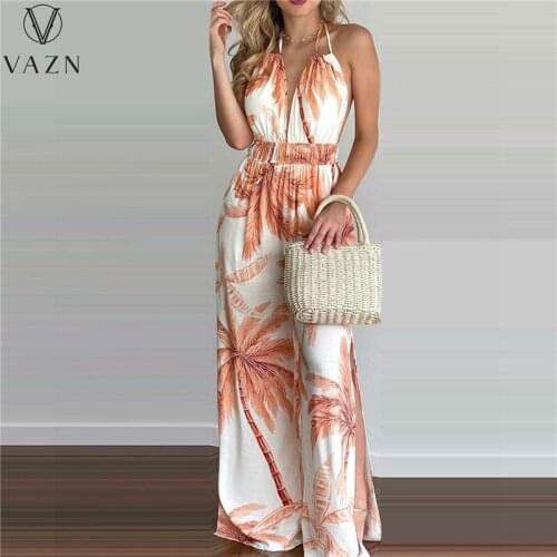 VAZN 2021 Hot Sales Retro Print Holiday Young Sexy Chiffon Sweet Loose Nature Halter Off Shoulder Women Wide Leg Jumpsuits