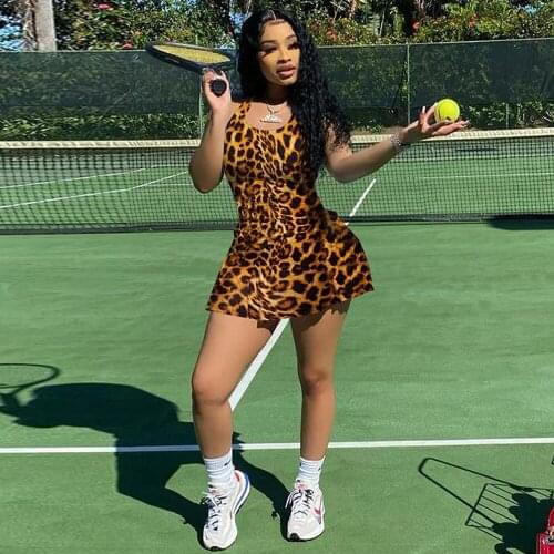 Camouflage Leopard Print Activewear Pleated Dress Women Mock Neck Sleeveless Sportswear Dress Summer Waist Shaped Skinny Dress