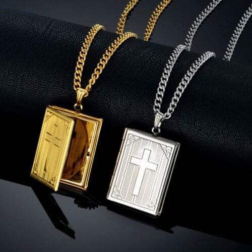 2Color Religion Cross Bible Book Pendant Necklace Christian Choker Gift Women Photo Frame Link Chain Jewelry Unisex