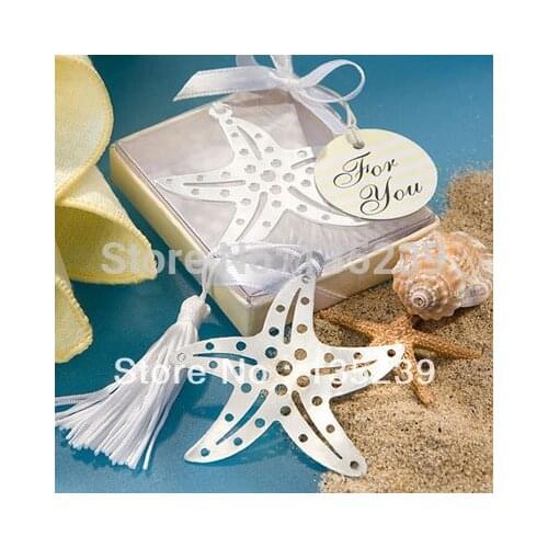 20pcs Starfish Bookmark Beach with Silver Finish and Elegant Ice-Blue Tassel as Beach Wedding Favors Pary Gift Box