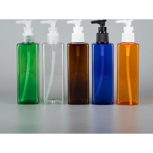 250ML X 30 Empty Square Plastic Bottle With Bayonet Pump 250CC Shampoo Dispenser Lotion Container Blue Clear Green Orange Brown