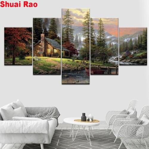 5 Panel Mountain River Tree full square round Diamond Embroidery mosaic picture diamond Painting set of home decor