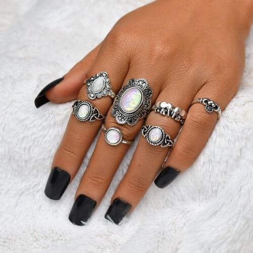 7Pcs/set Bohemian Color opal Silver Color Flower Elephant Joint Midi Knuckle Ring Set For Women Vintage Geometric Ring