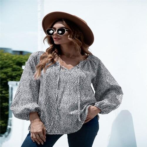 Womens Blouses Spring Autumn Dot Print Shirt V-Neck Lantern Sleeve Blouse Womens Clothing 2021 Casual Loose Blusas Femme Tops