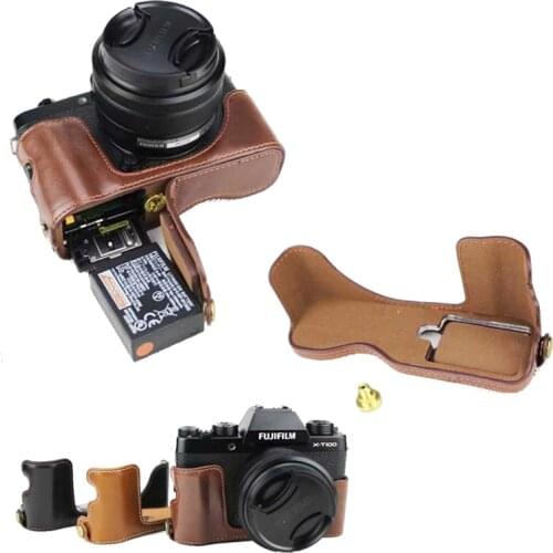 PU Leather Camera Case Bag Half Bady Cover Bottom Skin Open battery Black coffee Brown For Fujifilm XT100