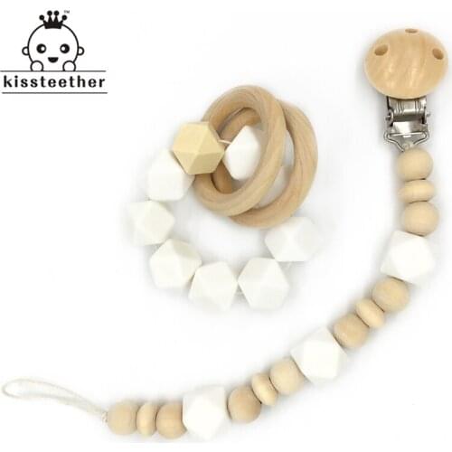 Wooden Baby Teether Ring Wood Pacifier Clip Organic Wood Montessori Toy Silicone Beads Teether Infant Teether BPA Free