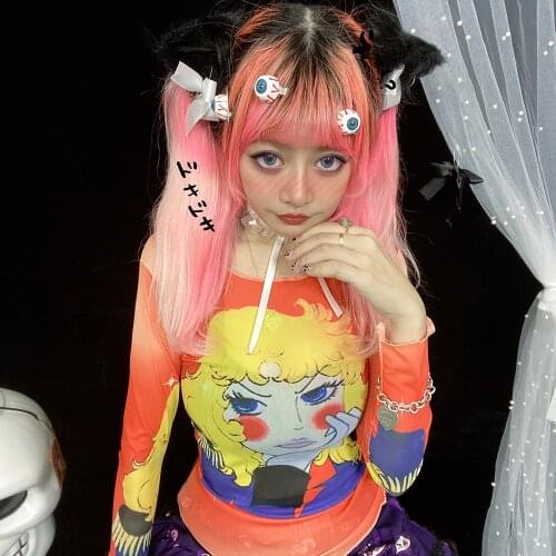 Summer Long Sleeve Womens T-shirt Japanese Cute Cartoon Printing Slim Tops Harajuku Casual All-match Bottoming Shirt