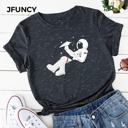 JFUNCY Space Astronaut Harajuku Graphic Unisex Men Women Tshirts Plus Size Loose Tshirts Summer 100% Cotton T-shirts Tee Tops