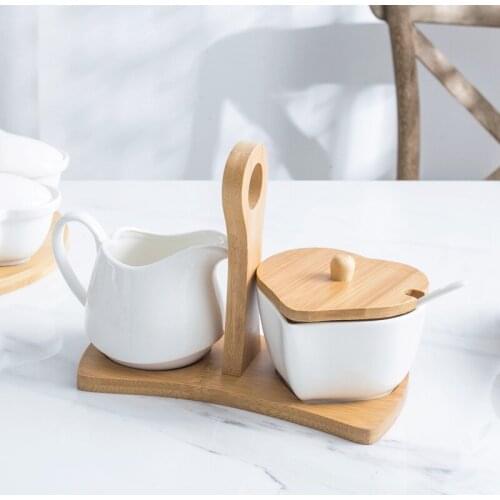 Sugar Bowl and Creamer Set with Lid & Spoon Ceramic Cream Jug and Sugar Bowl with Wood Handle Coffee Serving Set