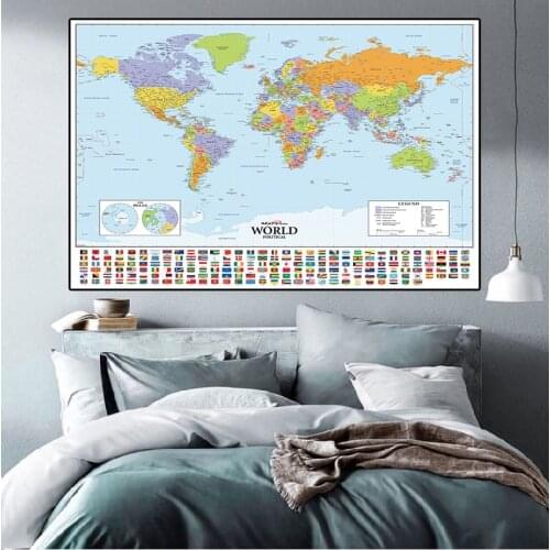 150x100cm The World Political Map with National Flags Non-woven World Map Sticker Poster and Prints for Culture and Travel Decor