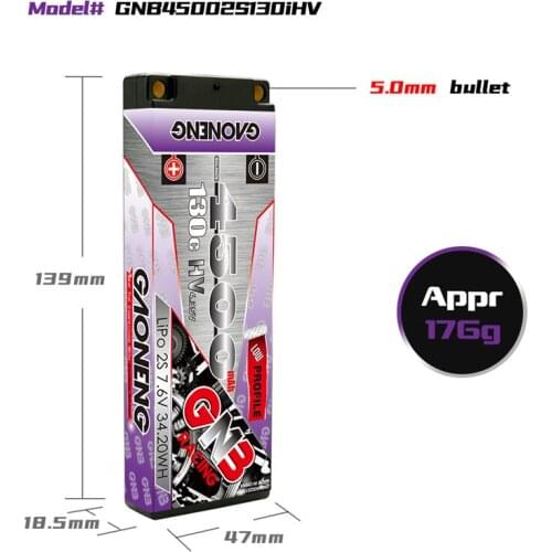 GAONENG GNB 4500mAh 2S 7.6V 130C HV Low Profile Hardcase LiPo Battery Super Shorty 5.0mm Bullet XT60 T for RC Car Boat