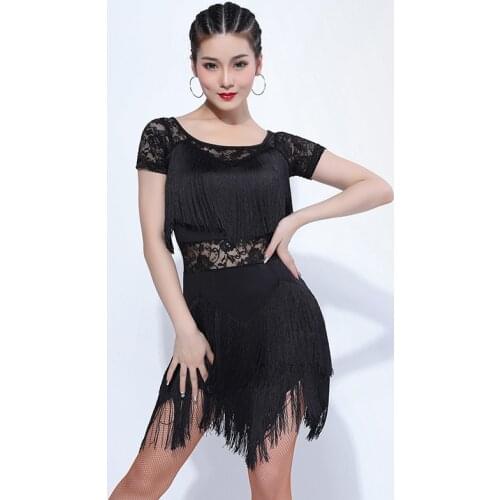 New Latin Dance Dress Women Sexy Black Lace Dress Stage Wear Adult Fringe Dress Salsa Dress Samba Latin Dance Costume VDB262