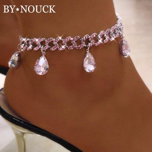 Transparent Water Drop Shape Pendant Crystal Chunky Cuban Link Anklet Chain New Miami Cuban Anklet Bracelets Summer Foot Jewelry