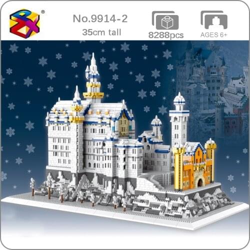 PZX 9914-2 World Architecture Snowing Swan Stone Castle 3D Model DIY Mini Diamond Blocks Bricks Building Toy For Children No Box
